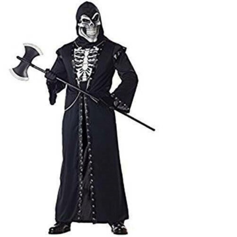 Skeleton Halloween Costume Large Skull Crypt Master Black Robe, Mask, Hood Mens